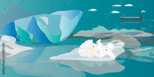 Winter greeting card with bears. Little polar bears are playing on a drifting ice floe in the middle of the sea.