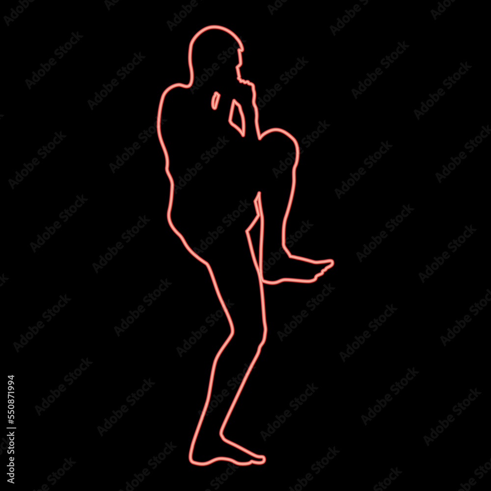 Neon fighter in fighting stancewith raised leg man doing exercises sport action male workout silhouette side view icon black colorin circle round red color vector illustration image flat style Neon fighter in fighting stancewith raised leg man doing exercises sport action male workout silhouette side view icon black colorin circle round red color vector illustration image flat style