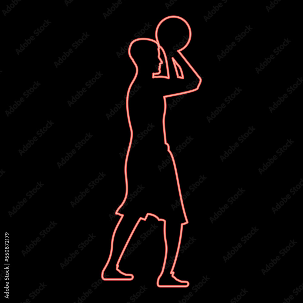 Neon basketball player throws a basketball man shooting ball side view icon red color vector illustration image flat style