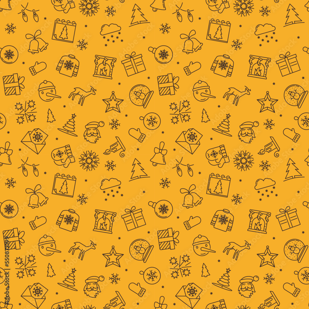 Winter Holidays vector yellow seamless pattern. New Year line background Winter Holidays vector yellow seamless pattern. New Year line background