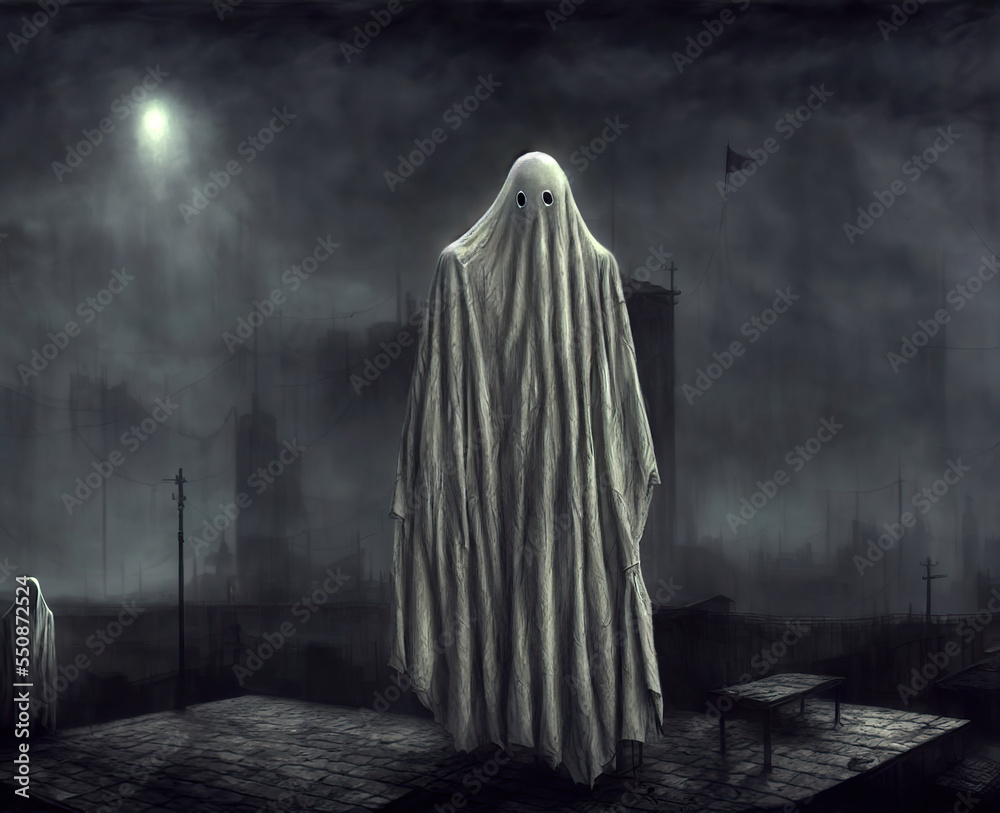 Ominous bedsheet ghost in a creepy environment. Digital illustration. Ominous bedsheet ghost in a creepy environment. Digital illustration.
