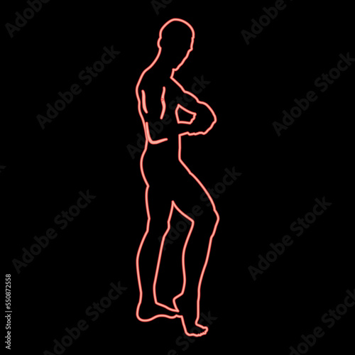 Neon posing bodybuilder silhouette bodybuilding concept icon red color vector illustration image flat style
