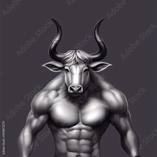 Portrait of a muscular minotaur. Anthropomorphic bull man. Digital grayscale illustration.