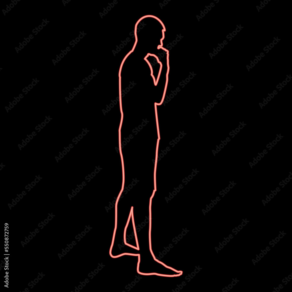 Fototapeta premium Neon thinking man standing silhouette pensive person side view icon red color vector illustration image flat style