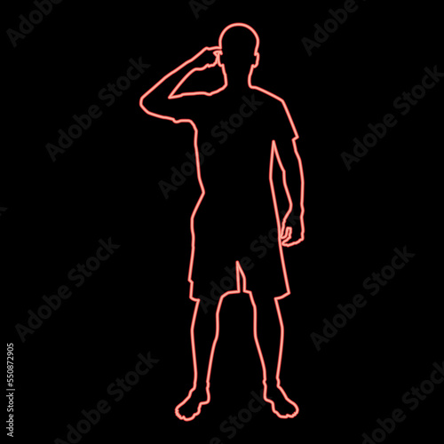 Neon man pointing at the temple with a finger silhouette front view need thinking concept icon red color vector illustration image flat style © Serhii