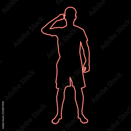 Neon man pointing at the temple with a finger silhouette front view need thinking concept icon red color vector illustration image flat style