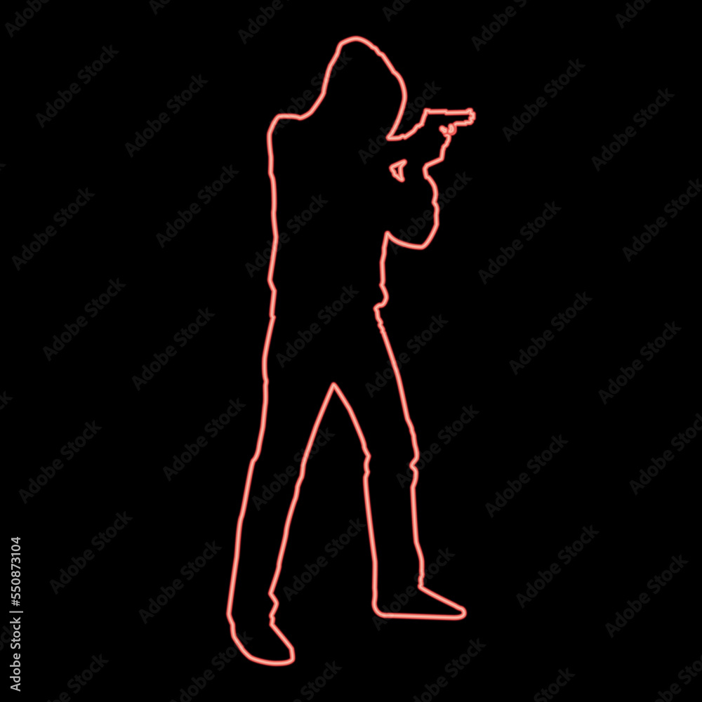Fototapeta premium Neon man in the hood with gun concept danger short arm icon red color vector illustration image flat style