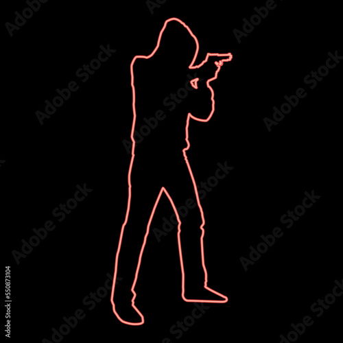 Neon man in the hood with gun concept danger short arm icon red color vector illustration image flat style