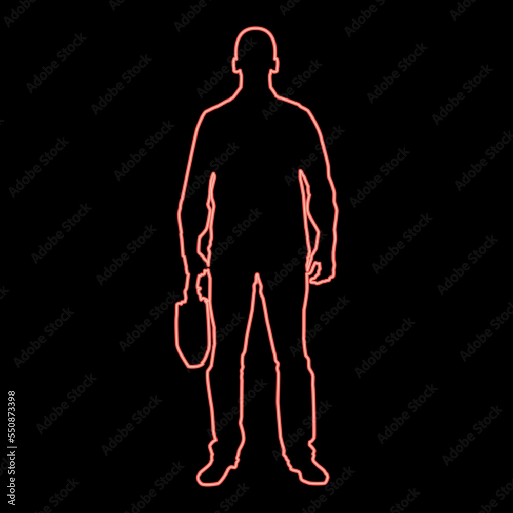 Naklejka premium Neon businessman with briefcase man with a business bag in his hand silhouesse front view icon red color vector illustration image flat style