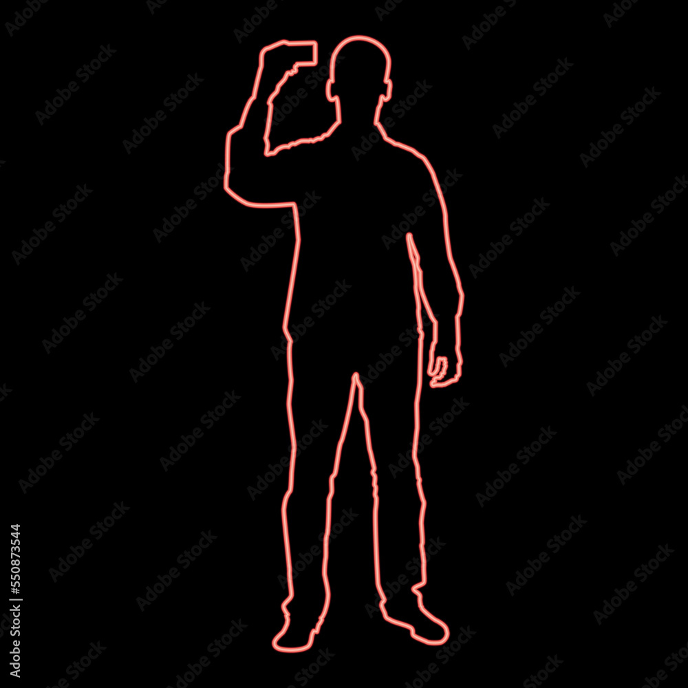 Fototapeta premium Neon man shows card in his hand business card in hand businessman silhouette icon red color vector illustration image flat style