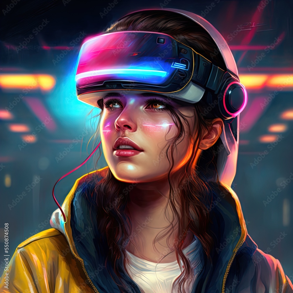 Illustration of person wearing VR headset, cyberpunk vibe. Illustration of person wearing VR headset, cyberpunk vibe.