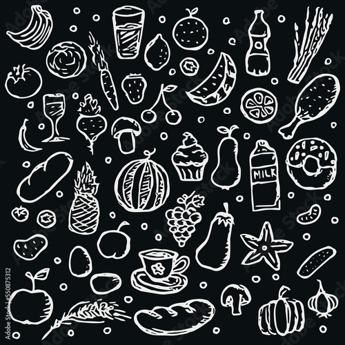 doodle food icons. icons of food, mushrooms, sweets, vegetables and fruits. vector food icons