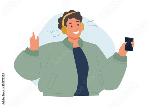 A man listens to music on the phone through headphones. Vector illustration in cartoon style