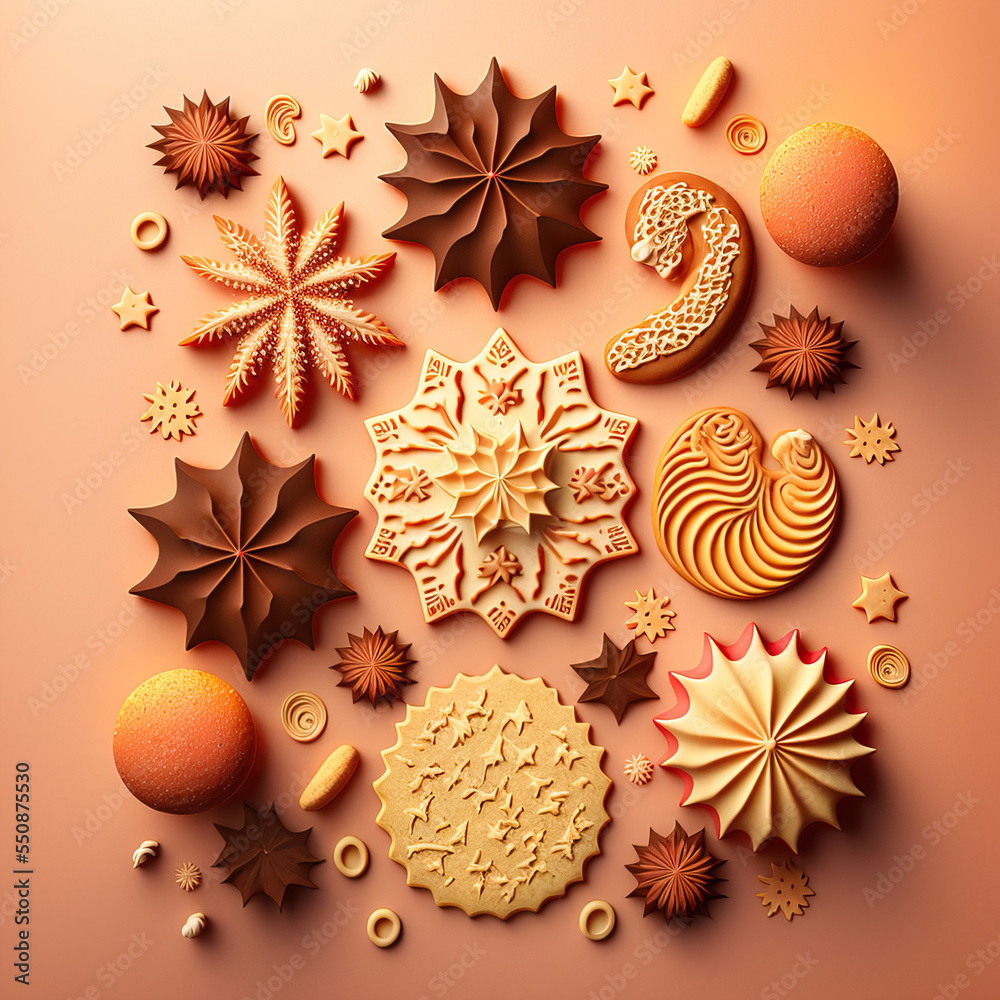 Creative Christmas food concept of sweet homemade cookies, flat lay on beige background. A nice New Year's delicious treat for the whole happy family. Illustration. Creative Christmas food concept of sweet homemade cookies, flat lay on beige background. A nice New Year's delicious treat for the whole happy family. Illustration.