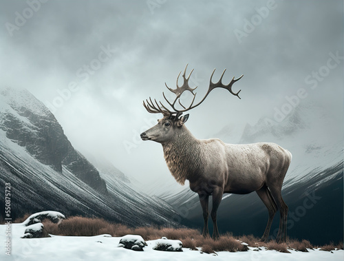 A powerful beautiful wild animal on a foggy cloudy snowy day in the mountains. Christmas reindeer with big antlers. Winter day  illustration.