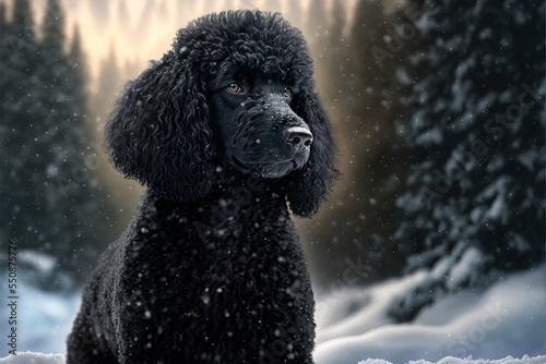 A small cute black poodle dog during a cold winter day in the mountains. Illustration of a pet during the Christmas holidays while white soft snow is falling.