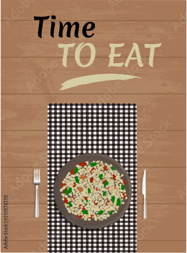 Middle Eastern cuisine - tabbouleh on a napkin on wooden table. Inscription - time to eat. Template for restaurant, advertising, website, banner, postcard. Vector illustration of arabic food top view