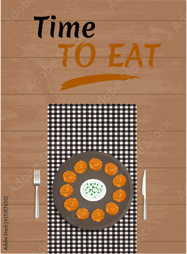 Middle Eastern cuisine - falafel on a napkin with cutlery on wooden table. Inscription - time to eat. Template for restaurant, advertising, website, banner, Vector illustration of arabic food top view