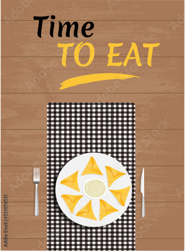 Middle Eastern cuisine - samosa on a napkin on wooden table. Inscription - time to eat. Template for restaurant, advertising, website, banner. Vector illustration of arabic food, dish top view