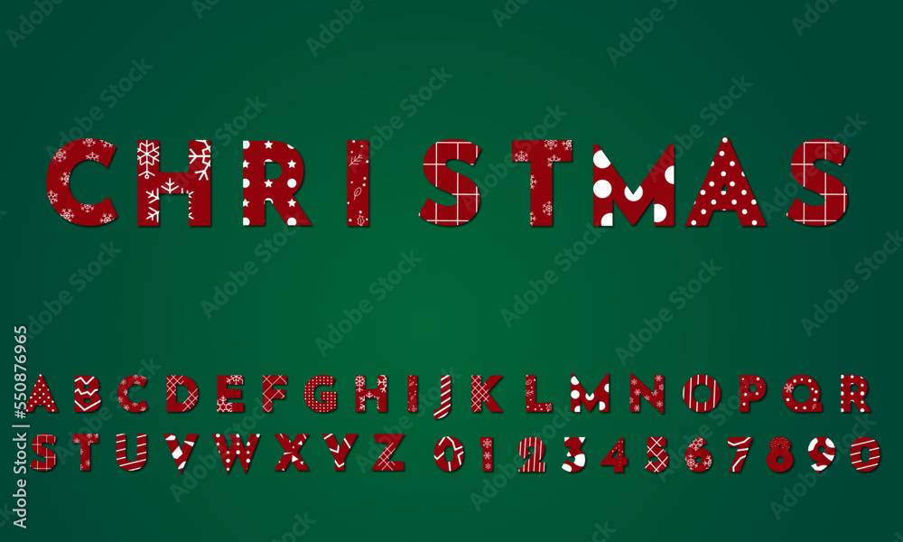 Christmas font with red and faded color. Holiday typography alphabet with festive illustrations and season wishes.
