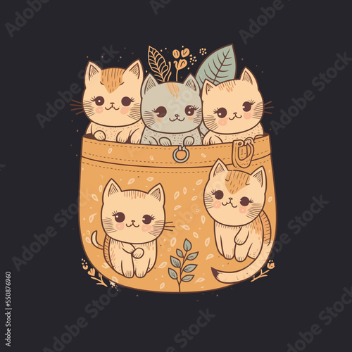Cartoon little cats sitting in a fabric pocket Vector illustration