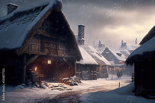 AI generated image of a Viking village after a snowfall	