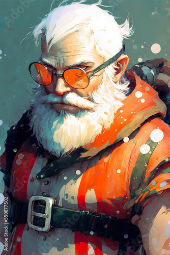 Modern and contemporary handsome Santa Claus hero character like from a comic book saves Christmas and New Year's holidays. Generative ai.