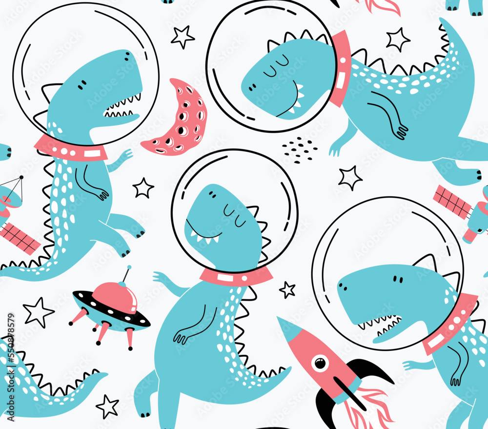 Seamless pattern with cute dinosaurs in space. Fabric design. Wallpaper ...