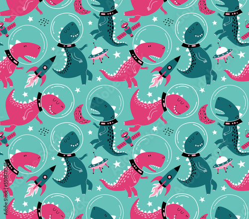 Seamless pattern with cute dinosaurs in space.  Fabric design. Wallpaper. Space dinosaurs. Lizard.