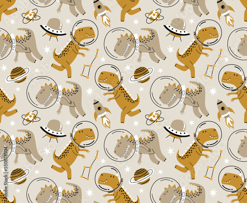 Seamless pattern with cute dinosaurs in space.  Fabric design. Wallpaper. Space dinosaurs. Lizard.