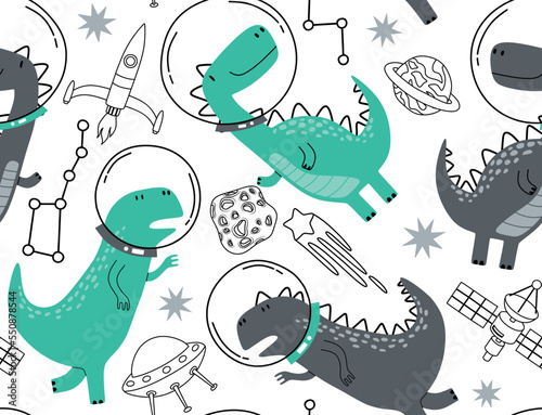 Seamless pattern with cute dinosaurs in space.  Fabric design. Wallpaper. Space dinosaurs. Lizard.