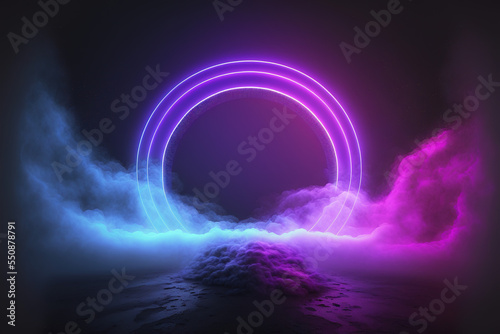 Cyber, club party, neon ​​light circles, purple color on a black background in smoke and fog. Cyberpunk futuristic Illustration with copy space.