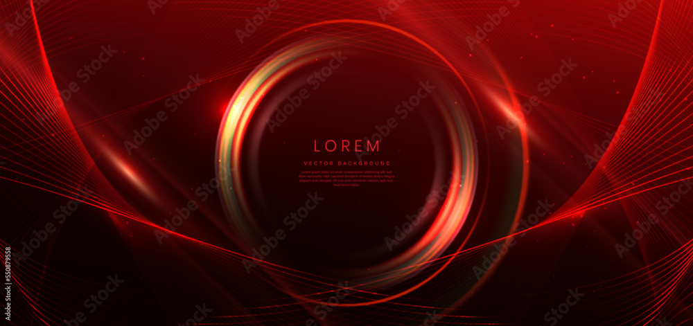 Abstract technology futuristic neon circle glowing red light lines with speed motion blur effect on dark red background.