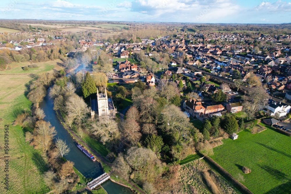St Lawrence's Church Hungerford town and canal England aerial drone footage .