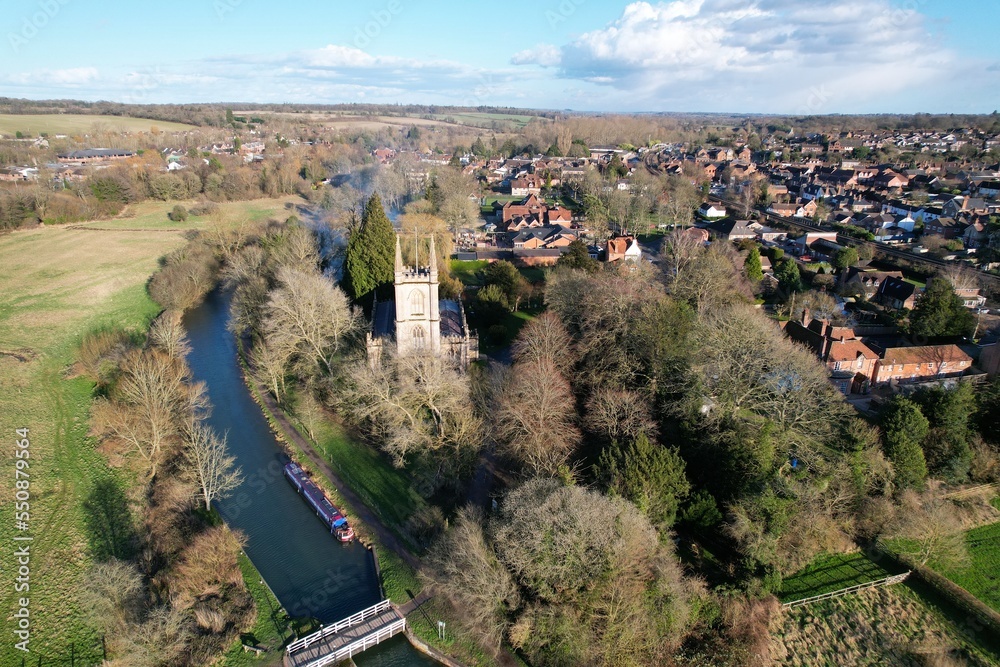 St Lawrence's Church Hungerford town and canal England aerial drone footage .
