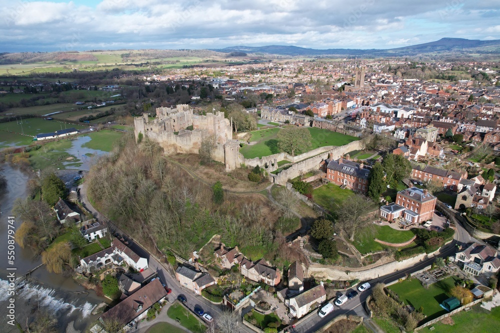 Ludlow Castle and  town in Shropshire  England drone aerial footage.