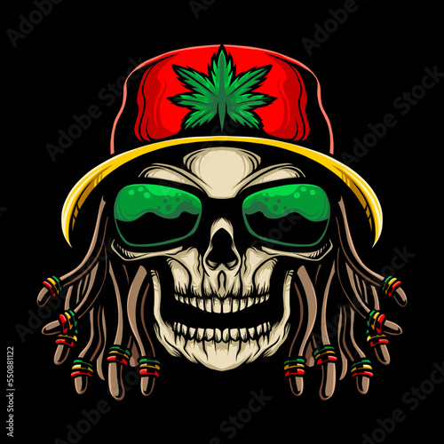 Rasta skull head vector illustration design with hat and dreadlocks