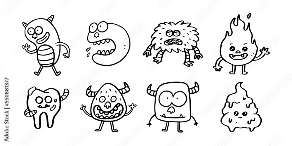 Set of cute monster hand drawn line art illustration for ornament and design element Set of cute monster hand drawn line art illustration for ornament and design element