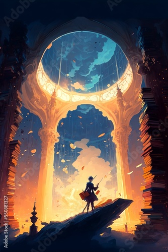 Fototapeta Vertical illustration of a character standing in the middle of a burning library