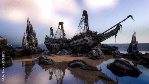 Old pirate ship wreck stranded on rocks and sandy beach, covered in seaweed and rotting wood. 3D rendering. © IG Digital Arts