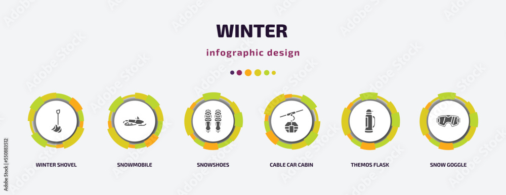 winter infographic element with filled icons and 6 step or option. winter icons such as winter shovel, snowmobile, snowshoes, cable car cabin, themos flask, snow goggle vector. can be used for winter infographic element with filled icons and 6 step or option. winter icons such as winter shovel, snowmobile, snowshoes, cable car cabin, themos flask, snow goggle vector. can be used for