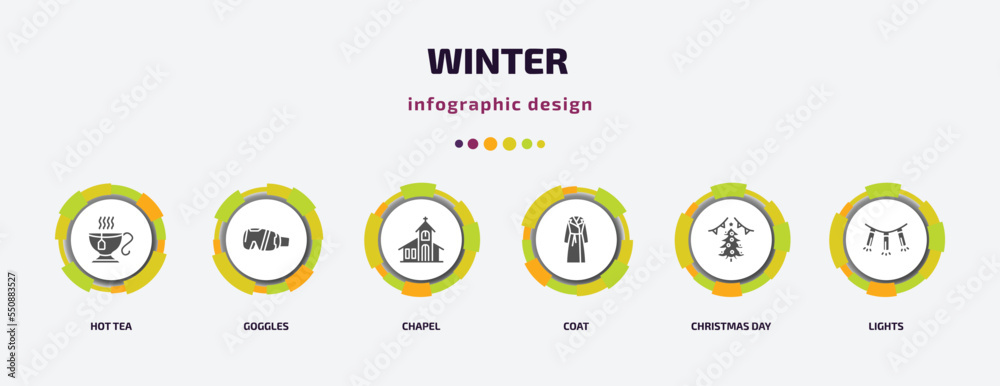 winter infographic element with filled icons and 6 step or option. winter icons such as hot tea, goggles, chapel, coat, christmas day, lights vector. can be used for banner, info graph, web. winter infographic element with filled icons and 6 step or option. winter icons such as hot tea, goggles, chapel, coat, christmas day, lights vector. can be used for banner, info graph, web.