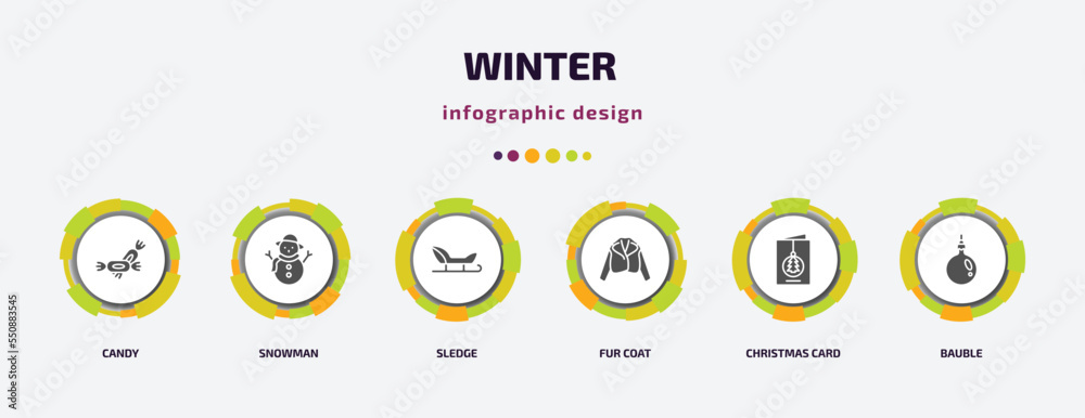 winter infographic element with filled icons and 6 step or option. winter icons such as candy, snowman, sledge, fur coat, christmas card, bauble vector. can be used for banner, info graph, web. winter infographic element with filled icons and 6 step or option. winter icons such as candy, snowman, sledge, fur coat, christmas card, bauble vector. can be used for banner, info graph, web.