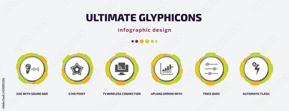 ultimate glyphicons infographic element with filled icons and 6 step or option. ultimate glyphicons icons such as ear with sound bar, star point, tv wireless connection, upload arrow with bar, tings ultimate glyphicons infographic element with filled icons and 6 step or option. ultimate glyphicons icons such as ear with sound bar, star point, tv wireless connection, upload arrow with bar, tings