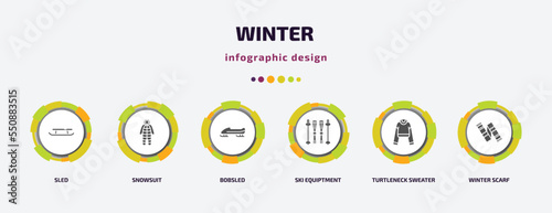 winter infographic element with filled icons and 6 step or option. winter icons such as sled, snowsuit, bobsled, ski equiptment, turtleneck sweater, winter scarf vector. can be used for banner, info
