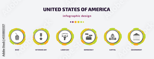 united states of america infographic element with filled icons and 6 step or option. united states of america icons such as bake, veterans day, labor day, democracy, capitol, government vector. can