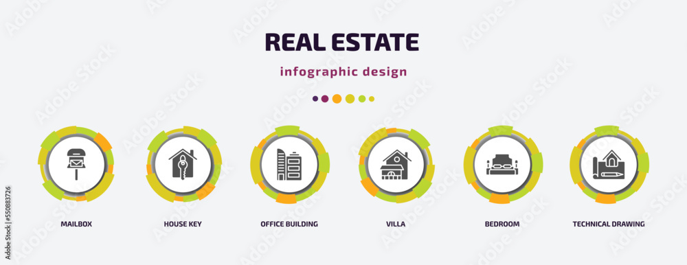 real estate infographic element with filled icons and 6 step or option. real estate icons such as mailbox, house key, office building, villa, bedroom, technical drawing vector. can be used for real estate infographic element with filled icons and 6 step or option. real estate icons such as mailbox, house key, office building, villa, bedroom, technical drawing vector. can be used for