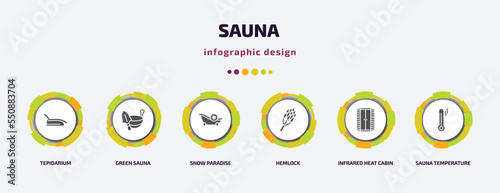 sauna infographic element with filled icons and 6 step or option. sauna icons such as tepidarium, green sauna, snow paradise, hemlock, infrared heat cabin, temperature vector. can be used for