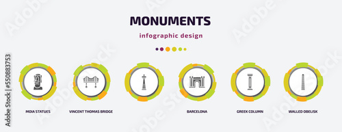 monuments infographic element with filled icons and 6 step or option. monuments icons such as moia statues, vincent thomas bridge, , barcelona, greek column, walled obelisk vector. can be used for