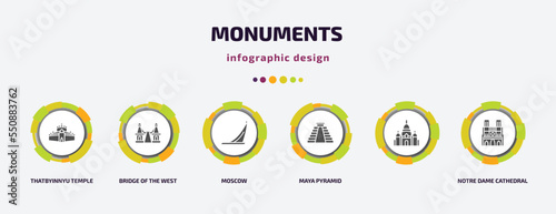 monuments infographic element with filled icons and 6 step or option. monuments icons such as thatbyinnyu temple, bridge of the west, moscow, maya pyramid, , notre dame cathedral vector. can be